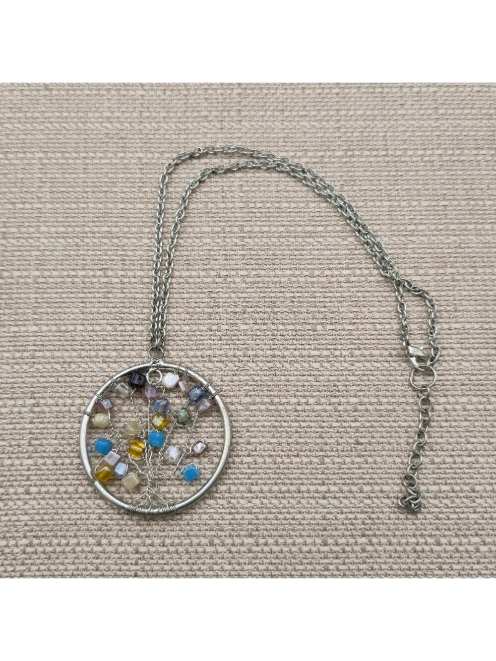 18 Inch Wire Wrapped Tree of Life Colorful Square Glass Bead Necklace B1386